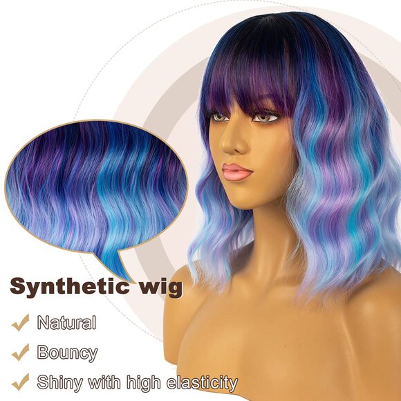 Women Colourful-1 Loose Wavy Wig Curly Wavy Shoulder Length Bob - Picture 2 of 3